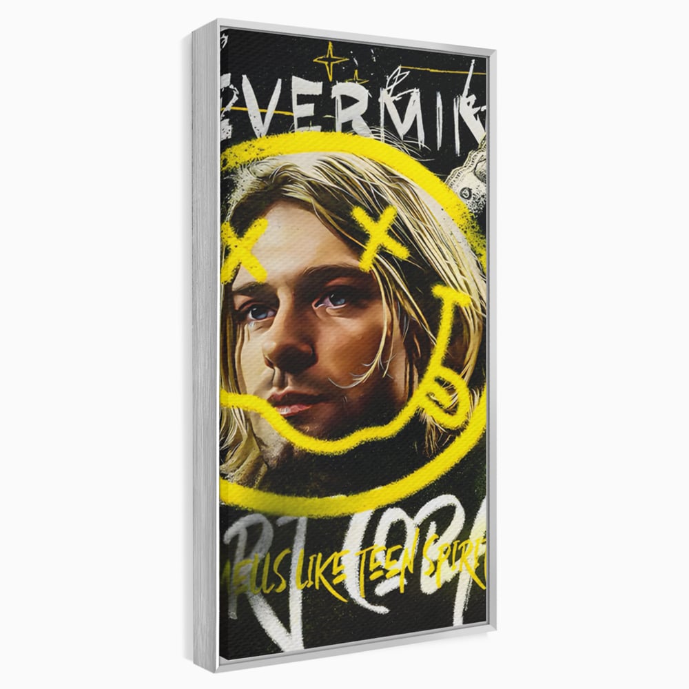 Tablou canvas cu tablou canvas cu portretul lui kurt cobain, in rama de aluminiu argintiu